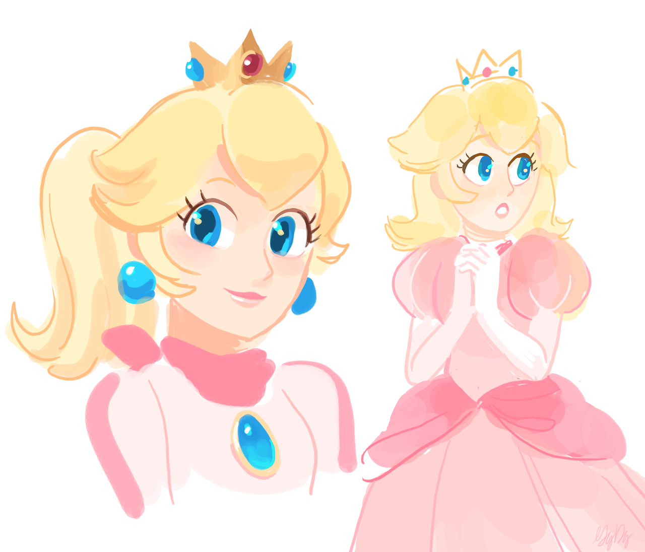 biker_peach blonde_hair crown dress earrings gigi_d.g. gloves jewelry mario_(series) multiple_views nintendo pink_dress ponytail princess_peach simple_background source_request sphere_earrings white_background
