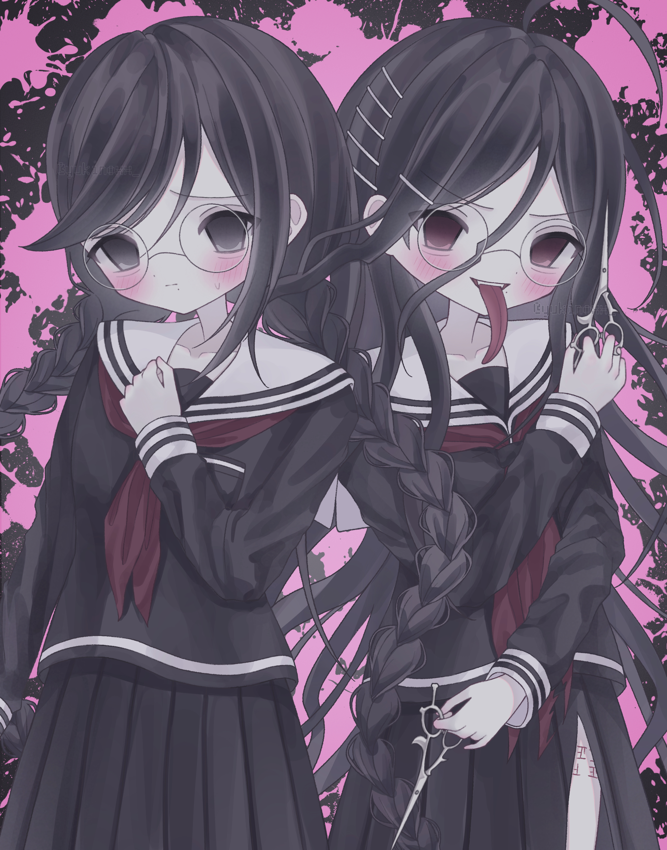 2girls absurdres ahoge black_serafuku black_shirt black_skirt blood blood_splatter blush braid closed_mouth danganronpa:_trigger_happy_havoc danganronpa_(series) danganronpa_another_episode:_ultra_despair_girls dual_persona fukawa_toko genocider_shou glasses highres holding holding_scissors long_hair long_sleeves long_tongue mole mole_under_mouth multiple_girls neckerchief open_mouth pink_blood red_neckerchief round_eyewear sailor_collar school_uniform scissors serafuku shirt skirt smile splatter_background sweatdrop tally teeth tongue tongue_out torn_clothes torn_neckerchief twin_braids upper_teeth_only white_sailor_collar yukino_(yukino00)
