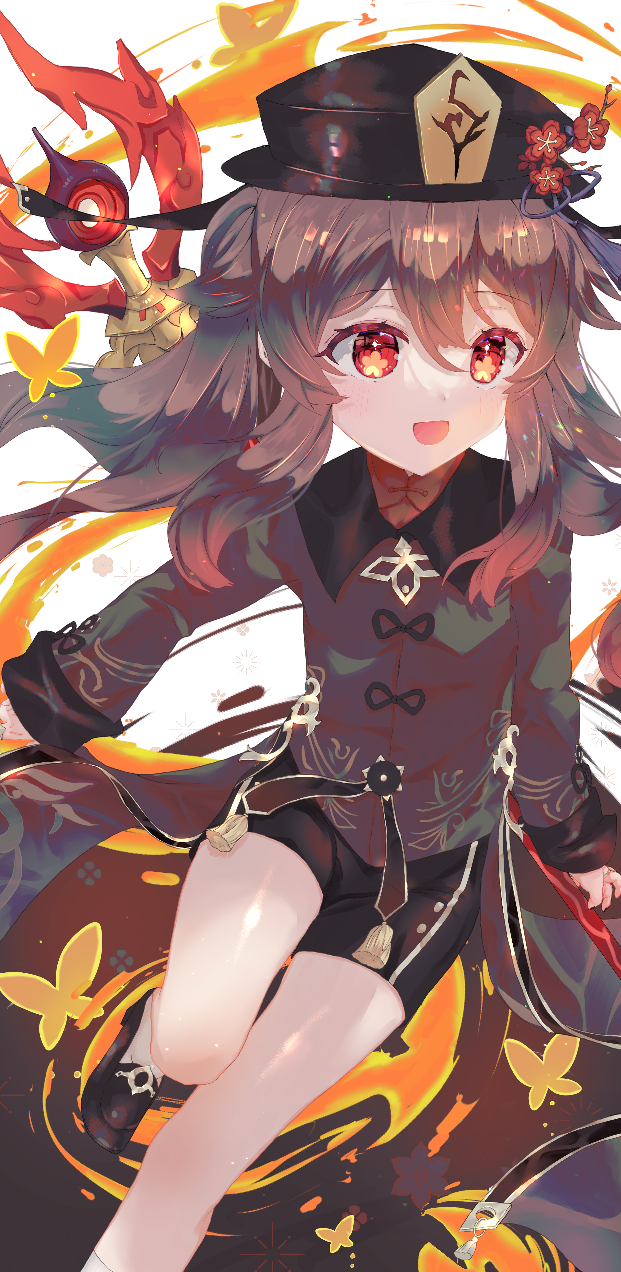 1girl :d absurdres black_footwear black_shorts brown_hair bug butterfly chinese_clothes commentary_request fire flower genshin_impact hair_between_eyes hat hat_flower hat_ornament highres holding holding_polearm holding_weapon hu_tao_(genshin_impact) insect isuzu_(an_icy_cat) long_hair long_sleeves open_mouth polearm red_eyes short_shorts shorts sidelocks simple_background smile socks solo spear standing standing_on_one_leg symbol-shaped_pupils twintails weapon white_background white_socks wide_sleeves