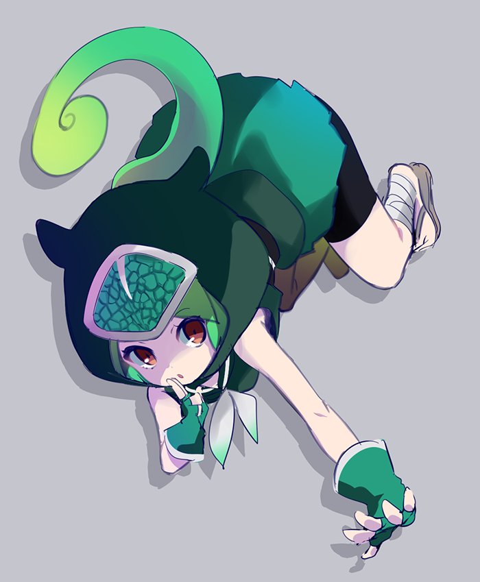 10s 1girl :o armpit_peek bike_shorts cloak collared_shirt dot_nose eyelashes female_focus fingerless_gloves full_body gloves green_gloves green_hair green_sailor_collar green_shirt green_skirt grey_background hand_up hood hooded_cloak ica kemono_friends long_hair looking_at_viewer neckerchief ninja open_hand open_mouth outstretched_hand panther_chameleon_(kemono_friends) pleated_skirt red_eyes sailor_collar shadow shirt shorts shorts_under_skirt simple_background skirt sleeveless sleeveless_shirt solo tsurime white_neckerchief
