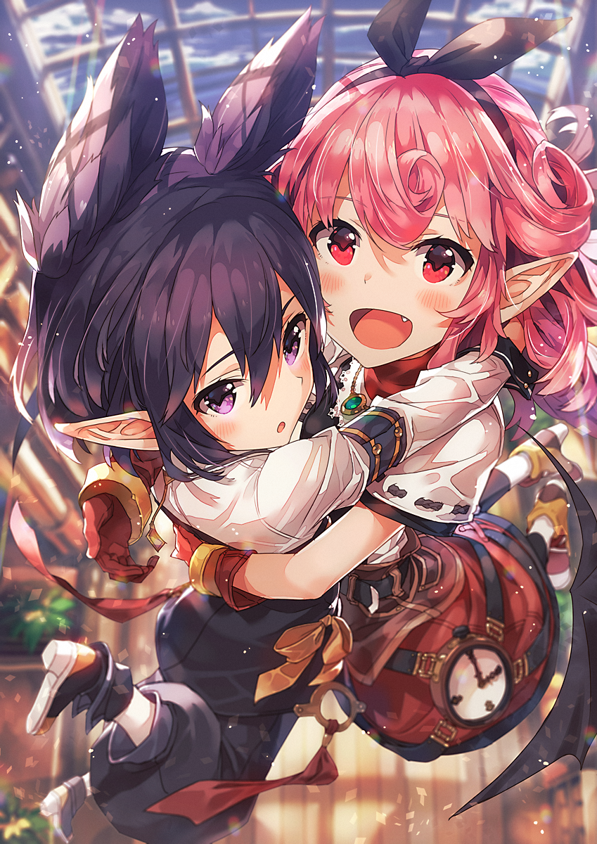 2girls animal_ears black_hair black_hairband black_ribbon blurry blush commentary_request curly_hair depth_of_field eyebrows fang gloves hair_ribbon hairband highres hug long_sleeves looking_at_viewer multiple_girls narumi_arata open_mouth original pink_eyes pink_hair pointy_ears recri_(narumi_arata) red_eyes red_gloves revision ribbon short_hair short_sleeves