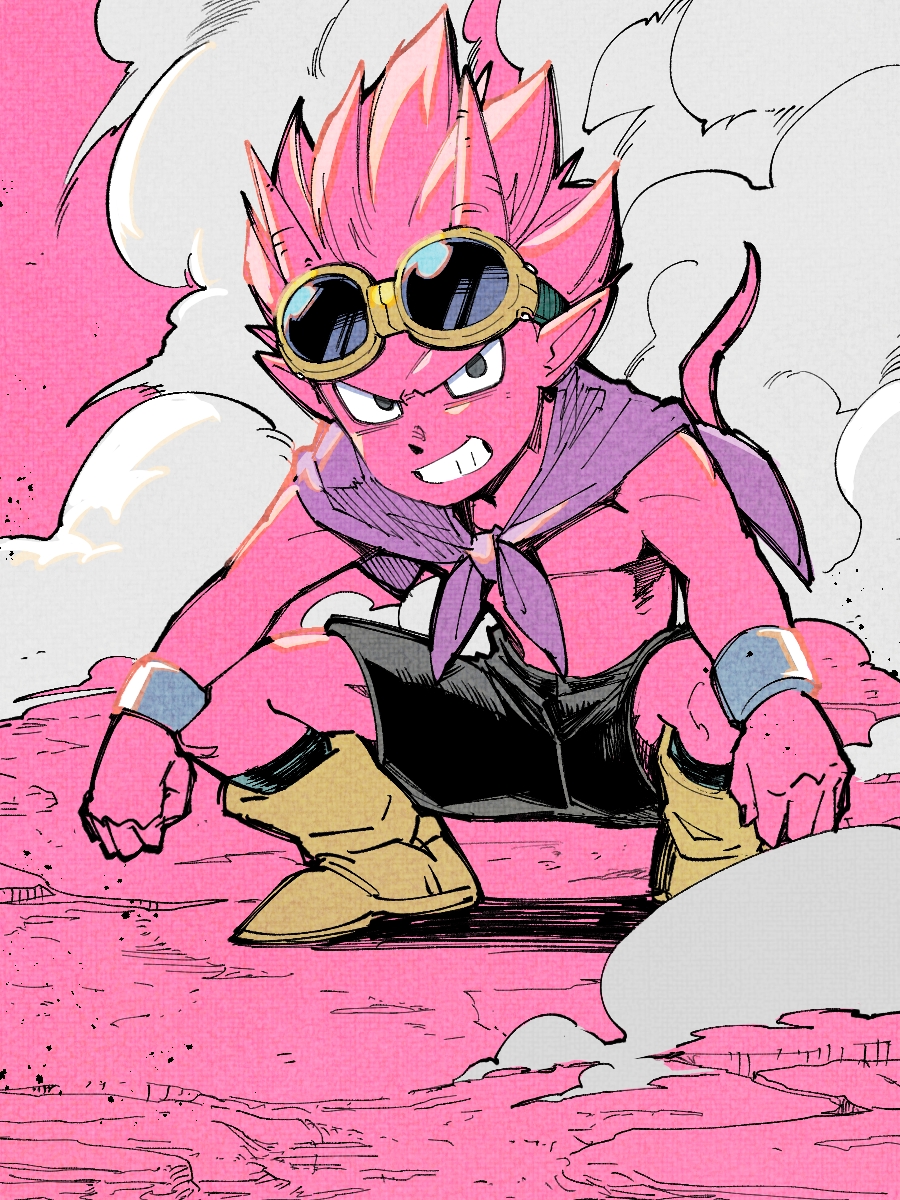 1boy beelzebub_(sand_land) black_footwear boots colored_skin demon demon_horns dust full_body goggles highres horns male_focus medium_hair pink_hair pink_skin pink_tail pink_theme pointy_ears sand_land solo spiked_hair squatting takeuchi_(a3) topless_male yellow_boots