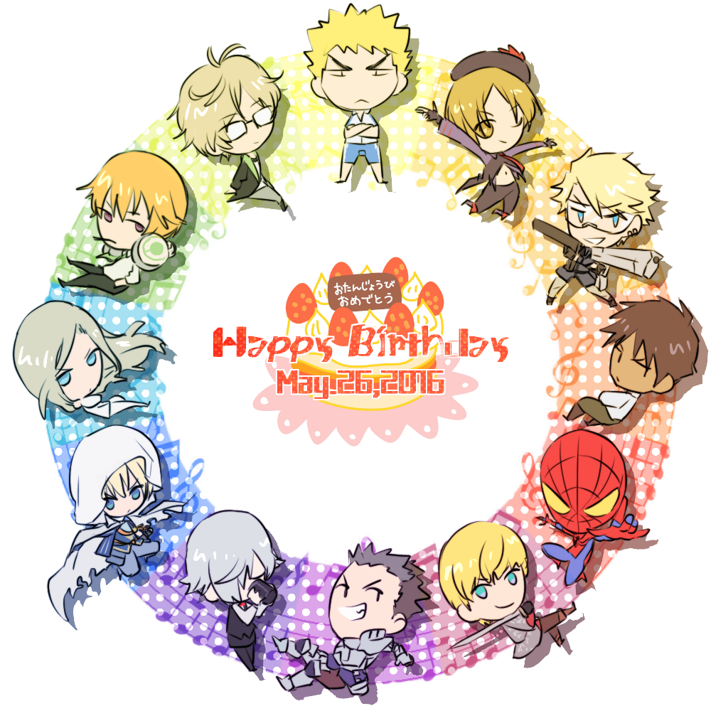 6+boys aoharu_x_kikanjuu armor asahina_natsume black_hair blonde_hair blue_eyes brothers_conflict brown_hair cake camus_(uta_no_prince-sama) chibi cloak closed_mouth coffee_mug crossed_arms cup death_parade decim_(death_parade) doujou_atsushi fingerless_gloves food fruit fukutomi_juichi glasses gloves green_necktie grey_hair grin grrgbrr hair_over_one_eye happy_birthday hat hayami_hiro holding holding_sword holding_weapon hood hooded_cloak light_brown_hair log_horizon maeno_tomoaki marvel matsuoka_masamune mug multiple_boys musical_note naotsugu_(log_horizon) navel necktie one_eye_closed purple_eyes safety_glasses smile spider-man spider-man_(series) strawberry sword toshokan_sensou touken_ranbu treble_clef tsukino_talent_production tsukiuta uta_no_prince-sama weapon yamanbagiri_kunihiro yayoi_haru yellow_eyes yowamushi_pedal