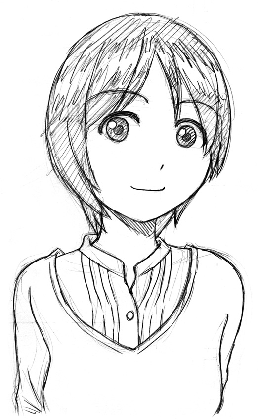 1girl female_focus greyscale hiwatari looking_at_viewer monochrome shimau short_hair simple_background sketch smile solo white_background yotsubato!