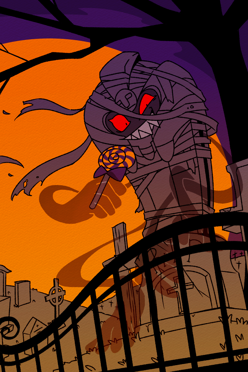 bandages bare_tree candy celtic_cross cofagrigus cross evil_grin evil_smile fence food full_moon gen_5_pokemon grass graveyard grin highres holding holding_candy holding_food holding_lollipop lollipop looking_at_viewer moon night nintendo no_humans ota&#039;s outdoors pokemon pokemon_(creature) red_eyes sharp_teeth smile teeth tombstone tree