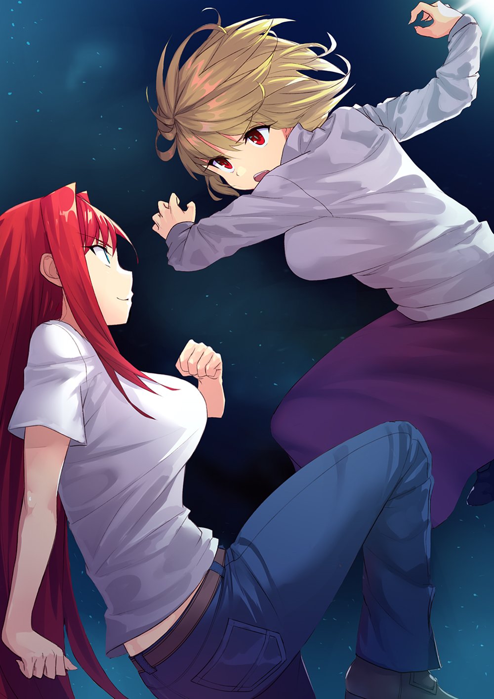 2girls angry aozaki_aoko apo_(apos2721) arcueid_brunestud belt blue_eyes breasts brown_belt denim fighting fighting_stance floating_clothes floating_hair from_side highres jeans large_breasts long_hair looking_at_another melty_blood multiple_girls night night_sky pants purple_skirt red_eyes red_hair shirt sideboob skirt sky smile sweater tsukihime turtleneck turtleneck_sweater very_long_hair white_sweater