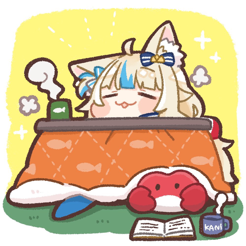 1girl :3 =_= ahoge animal_ear_fluff animal_ears animal_print blonde_hair blue_hair blue_streaks blush_stickers book cat_ears chibi chibi_only commentary crab cup fish_print indie_virtual_youtuber kaniki_(sameko_saba) kotatsu mug multicolored_hair one_side_up same_anko sameko_saba smile solo sparkle steam streaked_hair table two-tone_hair under_kotatsu under_table virtual_youtuber