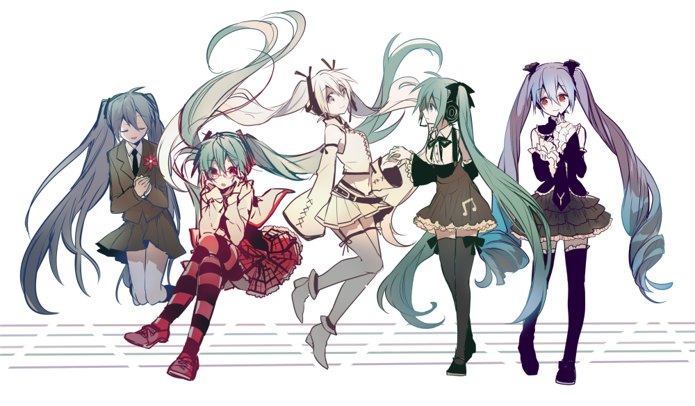 5girls aqua_hair bad_id bad_pixiv_id black_skirt black_socks blazer blouse blue_hair closed_mouth crossed_legs cyawa detached_sleeves floating_hair frills green_eyes green_hair grey_eyes hair_between_eyes hatsune_miku hatsune_miku_(aile_d&#039;ange) hatsune_miku_(infinity) hatsune_miku_(natural) hatsune_miku_(saihate) high-waist_skirt hood hoodie jacket kneehighs long_hair long_sleeves looking_at_another multiple_girls multiple_persona open_clothes open_hoodie open_mouth own_hands_together parted_lips plaid_clothes plaid_skirt red_eyes red_legwear red_skirt school_uniform shirt skirt smile socks standing striped_clothes striped_legwear striped_thighhighs thighhighs twintails vertical-striped_clothes vertical-striped_thighhighs very_long_hair vocaloid white_legwear white_shirt