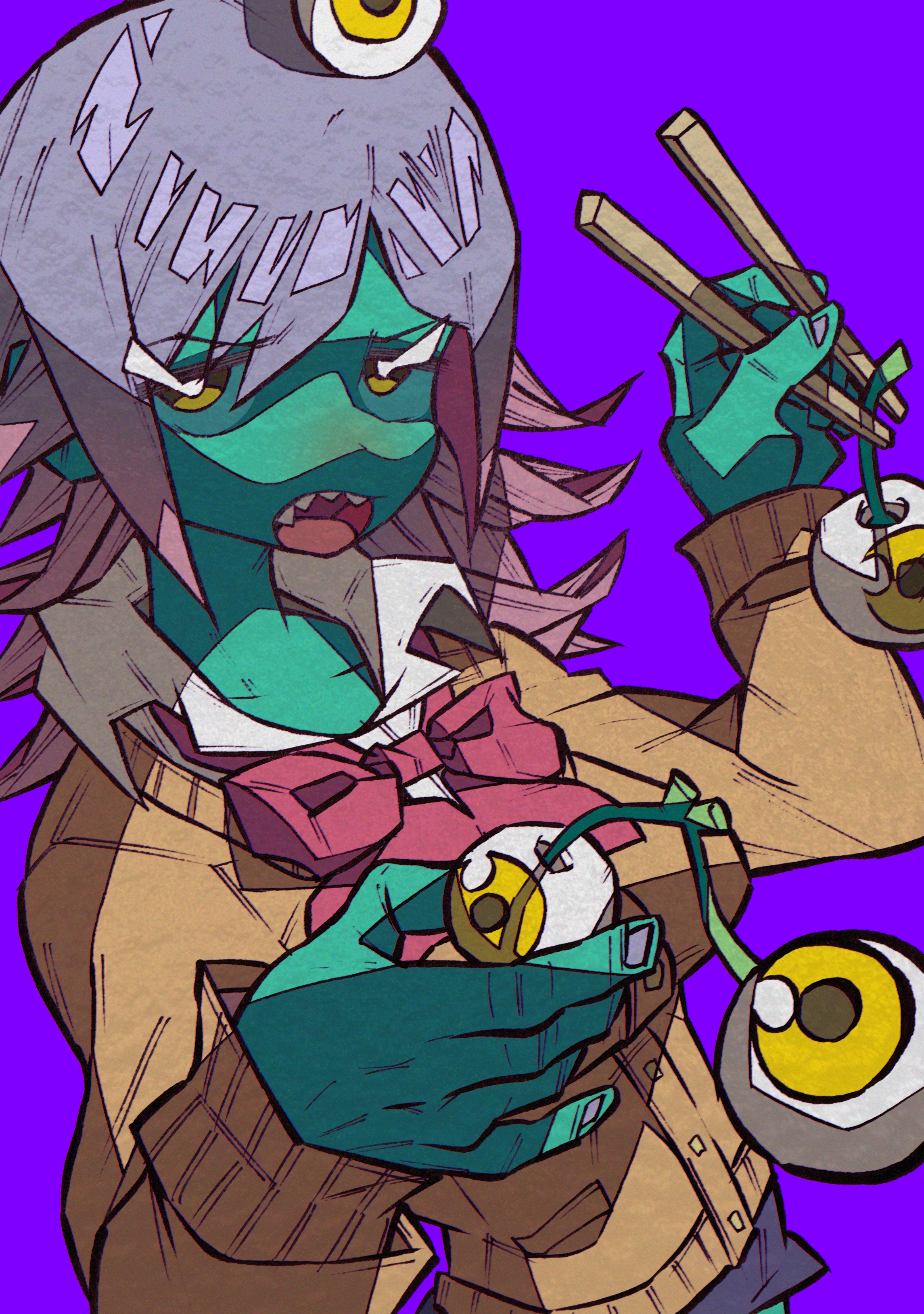 1girl absurdres alien aqua_skin bow bowtie breasts brown_cardigan cardigan chopsticks collared_shirt colored_skin eyeball female_focus fingernails hair_between_eyes highres holding holding_chopsticks left-handed long_hair long_sleeves medium_breasts midori_(uchuu_patrol_luluco) miniskirt nail_polish open_mouth pink_bow pink_bowtie purple_background purple_hair purple_nails purple_skirt school_uniform sharp_teeth shirt skirt solo teeth uchuu_patrol_luluco white_shirt yaya_hiyayaka yellow_eyes
