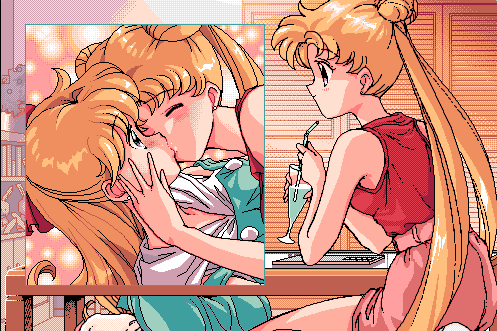 2girls aino_minako bishoujo_senshi_sailor_moon kiss lowres mermaid_(artist) multiple_girls non-web_source pc-98_(style) pixel_art sailor_moon source_request tsukino_usagi yuri