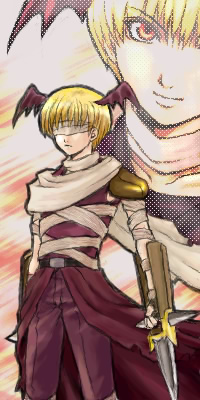 1boy armor assassin_(ragnarok_online) bandages bandages_over_clothes blonde_hair cape closed_mouth commentary_request cowboy_shot dagger expressionless feliciel head_wings holding holding_dagger holding_knife holding_weapon jamadhar knife lowres male_focus multiple_views pants pauldrons purple_cape purple_pants purple_shirt purple_wings ragnarok_online red_eyes shirt short_hair shoulder_armor sleeveless sleeveless_shirt smile waist_cape weapon white_blindfold wings