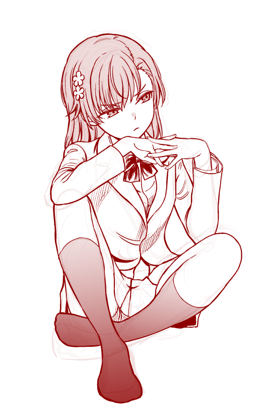 1girl asymmetrical_bangs blazer bow bowtie closed_mouth commentary_request hair_ornament hairpin interlocked_fingers jacket kneehighs lineart long_sleeves looking_to_the_side medium_hair misaka_mikoto no_emblem nogi_yasuhito school_uniform simple_background sitting sketch skirt socks toaru_kagaku_no_railgun toaru_majutsu_no_index tokiwadai_school_uniform winter_uniform
