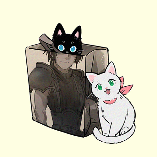 1boy 1girl aerith_gainsborough animal animalization armor bag black_cat black_fur blue_eyes cat commentary crisis_core_final_fantasy_vii fangs final_fantasy final_fantasy_vii full_body green_eyes head_tilt huosheanng looking_at_viewer lowres neck_ribbon no_humans open_mouth paper_bag pink_ribbon ribbed_sweater ribbon shoulder_armor sleeveless sleeveless_turtleneck sweater symbol-only_commentary turtleneck turtleneck_sweater white_cat white_fur yellow_background zack_fair