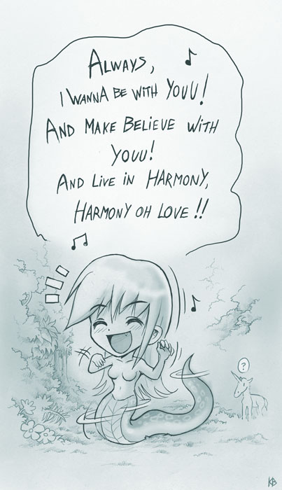 breasts chibi closed_eyes crisis felarya karbo lamia long_hair medium_breasts monochrome monster_girl music no_nipples open_mouth singing smile topless_female unicorn