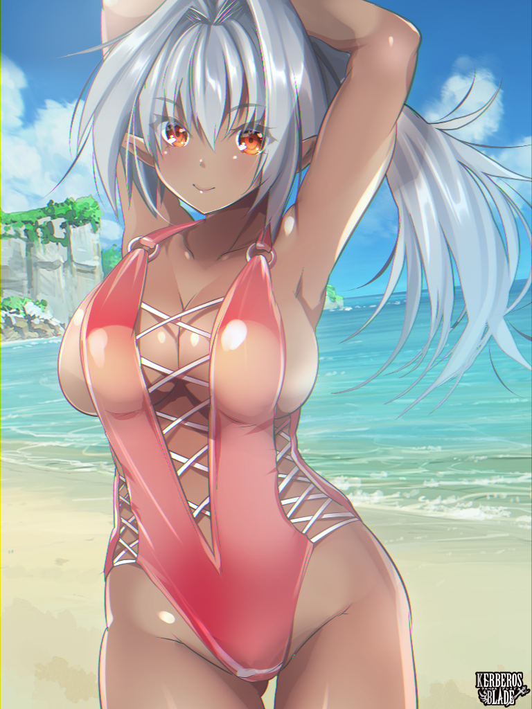 1girl arms_up beach breasts cloud copyright_name dark-skinned_female dark_skin day grey_hair hair_intakes kerberos_blade kurutia_dorent large_breasts long_hair looking_at_viewer maki_(seventh_heaven_maxion) o-ring o-ring_swimsuit ocean one-piece_swimsuit orange_eyes outdoors pointy_ears ponytail red_one-piece_swimsuit smile solo standing swimsuit