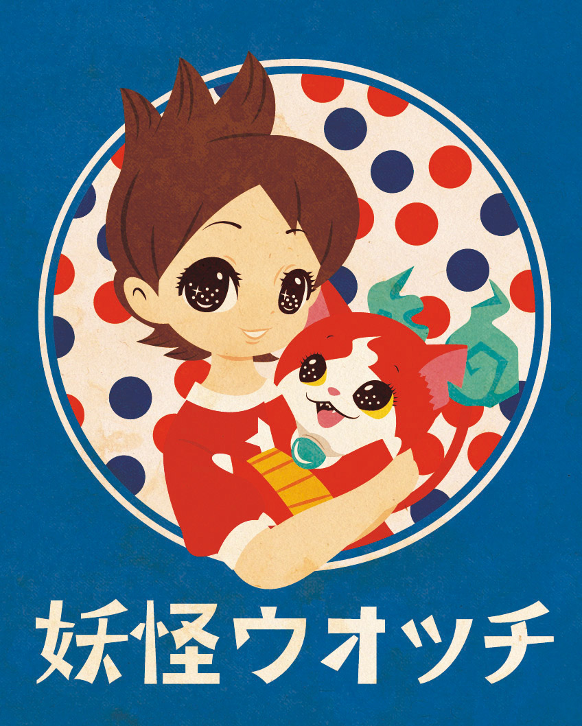 1boy amano_keita brown_hair eyelashes grin jibanyan looking_at_viewer male_focus nonana_(mikudrop) notched_ear open_mouth parody red_shirt shirt short_hair short_sleeves smile sparkling_eyes style_parody watch youkai_watch youkai_watch_(object)