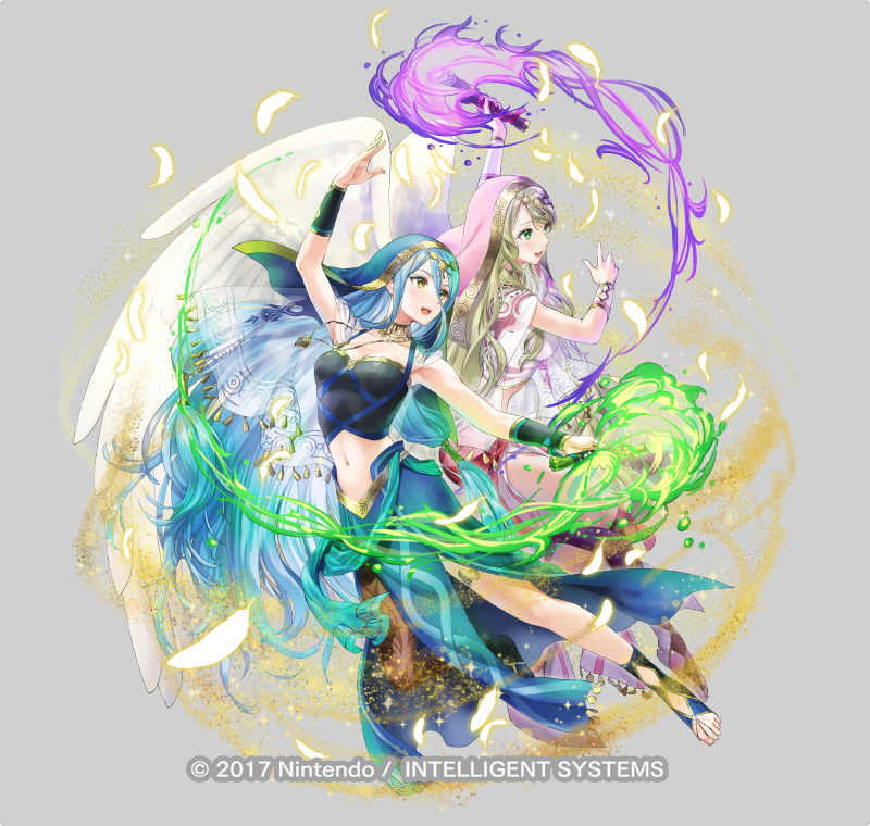 2girls alternate_costume asymmetrical_legwear azura_(fire_emblem) azura_(hatari)_(fire_emblem) blonde_hair blue_hair breasts choker feathers feet female_focus fire fire_emblem fire_emblem:_radiant_dawn fire_emblem_fates fire_emblem_heroes full_body green_eyes green_fire holding holding_torch kaya8 leanne_(fire_emblem) leanne_(hatari)_(fire_emblem) long_hair looking_at_viewer medium_breasts midriff multiple_girls navel nintendo official_alternate_costume official_art open_mouth pantyhose purple_fire sand smile toeless_legwear toes torch veil very_long_hair white_wings wings yellow_eyes