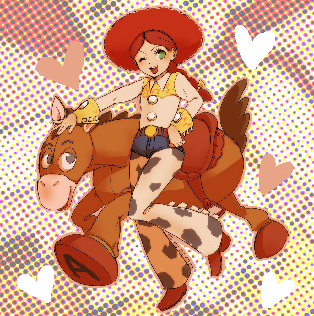 1girl animification braid bullseye_(toy_story) commentary cowboy_hat cowboy_western cowgirl_(western) halftone halftone_background hat jessie_the_yodeling_cowgirl long_hair maron_(8059love) one_eye_closed open_mouth red_hair toy_story