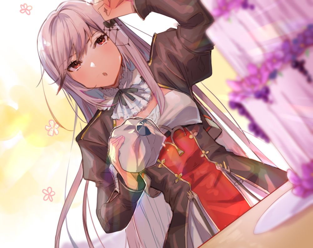1girl ascot azur_lane baking blurry breasts butterfly_hair_ornament cake cake_decoration commentary_request depth_of_field dunkerque_(azur_lane) female_focus food hair_ornament juliet_sleeves long_hair long_sleeves moji_(mojimozis) pastry_bag puffy_sleeves red_eyes sidelocks silver_hair small_breasts solo straight_hair swept_bangs very_long_hair