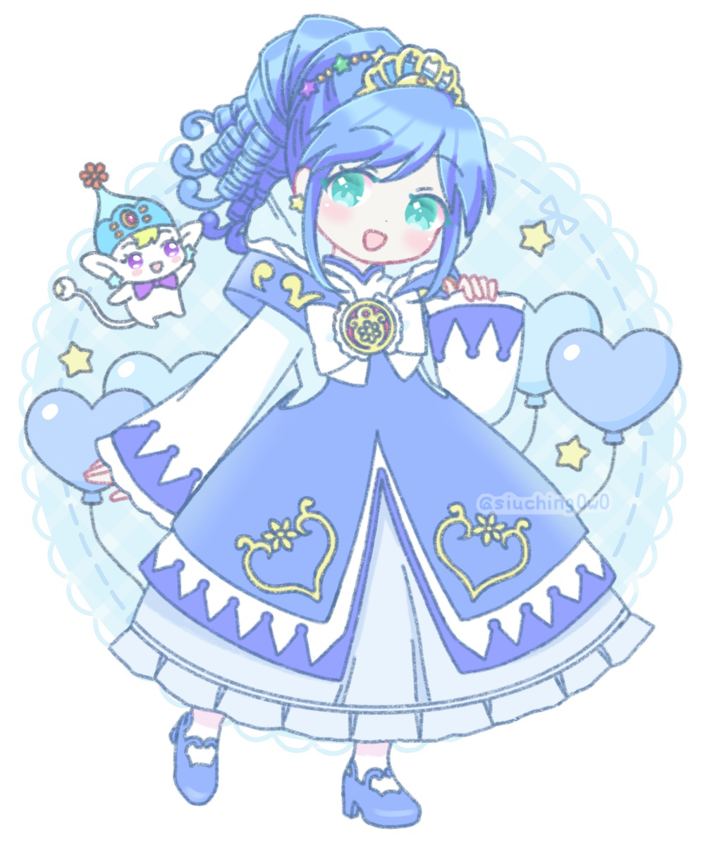1girl :d aqua_eyes balloon blonde_hair blue_dress blue_footwear blue_hair blue_hat blush bow bowtie chest_bow commentary creature crest curly_hair dot_nose dress dress_bow drill_hair earrings fairy frilled_sleeves frills full_body fushigiboshi_no_futago_hime gem gold_tiara gown hair_ornament hand_up hat heart heart_balloon heart_print high_collar jewelry lace_background long_hair long_sleeves looking_at_viewer magical_girl medallion open_mouth overskirt pantyhose phrygian_cap pointy_ears pumo_(futagohime) purple_bow purple_bowtie purple_eyes red_gemstone rein_(futagohime) rein_(prominence_dress_up)_(futagohime) ringlets shoes siuching sleeves_past_wrists smile star_(symbol) star_earrings star_hair_ornament sun_hat_ornament sun_print supportasse tail tiara two-tone_dress white_background white_bow white_dress white_pantyhose wide_sleeves