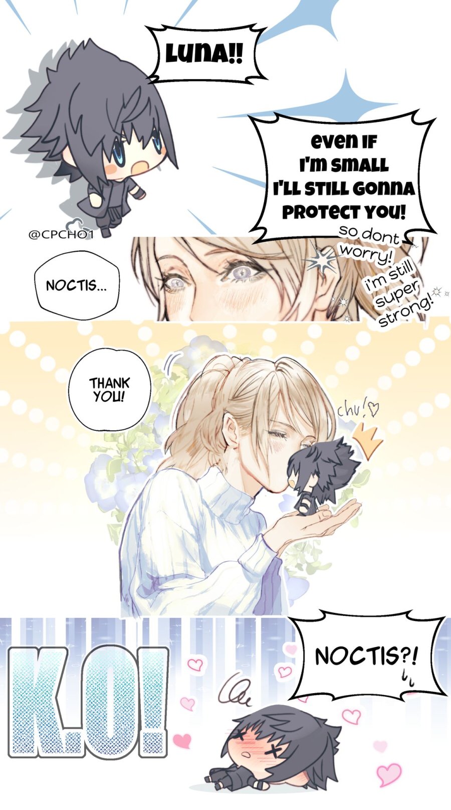 1boy 1girl black_hair black_jacket black_pants black_shirt blonde_hair blue_eyes blush chibi couple cpcho1 english_text final_fantasy final_fantasy_xv grey_eyes hair_between_eyes hetero highres in_palm jacket k.o. kiss kissing_forehead lunafreya_nox_fleuret noctis_lucis_caelum open_mouth pants ponytail shirt short_hair sweater swept_bangs turtleneck turtleneck_sweater upper_body white_sweater world_of_final_fantasy x_x