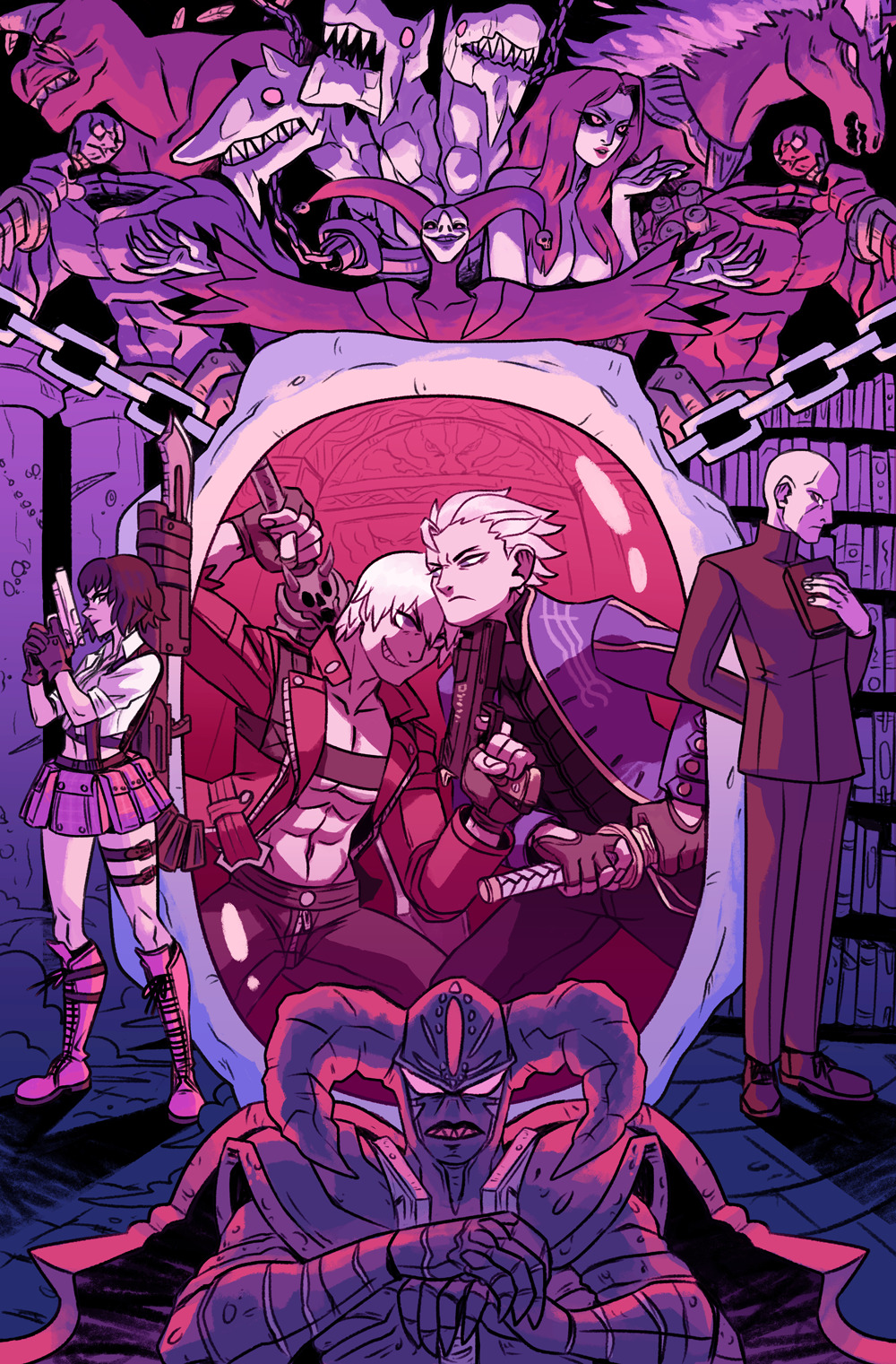 2girls 6+boys agni_(devil_may_cry) arkham_(devil_may_cry) beowulf_(devil_may_cry) black_hair blue_coat book coat dante_(devil_may_cry) demon devil_may_cry devil_may_cry_(series) devil_may_cry_3 ebony_&amp;_ivory gun handgun highres holding holding_book holding_gun holding_sword holding_weapon jbbetz jester_(dmc3) kalina_ann_(weapon) lady_(devil_may_cry) multiple_boys multiple_girls nevan no_shirt rebellion_(sword) red_coat rudra_(devil_may_cry) sparda sword sword_on_back vergil_(devil_may_cry) weapon weapon_on_back white_hair yamato_(sword)