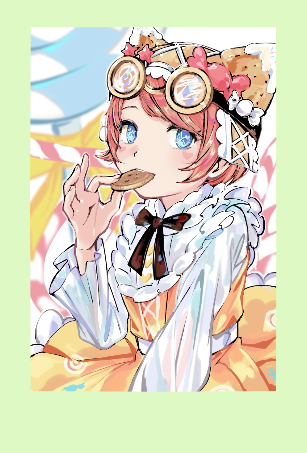 1girl black_ribbon blue_eyes border bright_pupils brown_hair candy candy_cane candy_girl_(identity_v) candy_wrapper dress eating food frilled_dress frills goggles goggles_on_head green_border hat highres identity_v ieiieiiei lollipop long_sleeves looking_at_viewer neck_ribbon official_alternate_costume puffy_sleeves ribbon short_hair sitting solo swirl_lollipop symbol-shaped_pupils tracy_reznik tracy_reznik_(candy_girl) white_pupils
