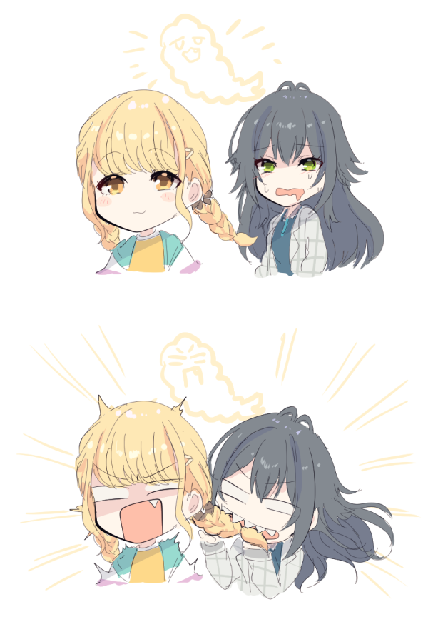 2girls biting_another&#039;s_hair biting_hair blank_eyes blonde_hair blush braid cropped_torso drooling fang food fujita_kotone gakuen_idolmaster green_eyes green_hair hungry idolmaster looking_at_another mouth_drool multiple_girls multiple_views ryosesanzui sharp_teeth shrimp shrimp_tempura sweatdrop teeth tempura tsukimura_temari twin_braids upper_body yellow_eyes