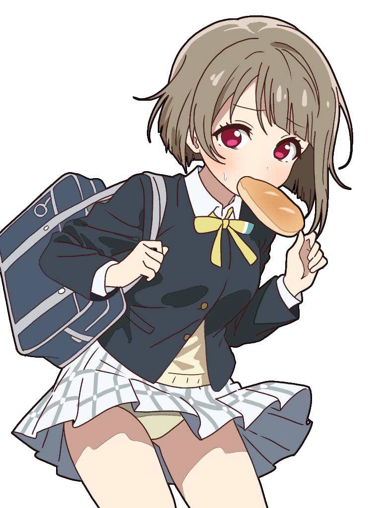 1girl asymmetrical_hair bag black_jacket bob_cut bread breasts brown_hair clothes_lift collared_shirt commentary_request dress_shirt food food_in_mouth gluteal_fold inverted_bob jacket late_for_school leaning_forward long_sleeves looking_at_viewer love_live! love_live!_nijigasaki_high_school_idol_club miniskirt mouth_hold mukiryoku_bato nakasu_kasumi neck_ribbon nijigasaki_school_uniform panties pantyshot partially_unbuttoned plaid_clothes plaid_skirt pleated_skirt red_eyes ribbon school_bag school_uniform shirt short_hair shoulder_bag simple_background single_hair_intake skirt skirt_lift small_breasts solo standing sweatdrop sweater textless_version underwear white_background white_shirt white_skirt wind wind_lift winter_uniform yellow_panties yellow_ribbon yellow_sweater