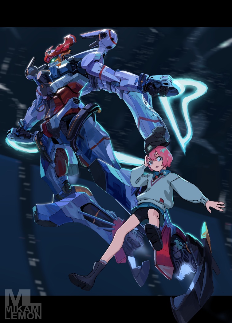 1girl amate_yuzuriha aqua_eyes dual_wielding full_body glowing glowing_eyes gquuuuuux green_eyes gundam gundam_gquuuuuux hat holding holding_sword holding_weapon long_sleeves looking_at_viewer mecha mikan_lemon mobile_suit necktie open_mouth red_hair reverse_grip robot school_uniform science_fiction shirt short_hair skirt sweater sword upper_body v-fin weapon