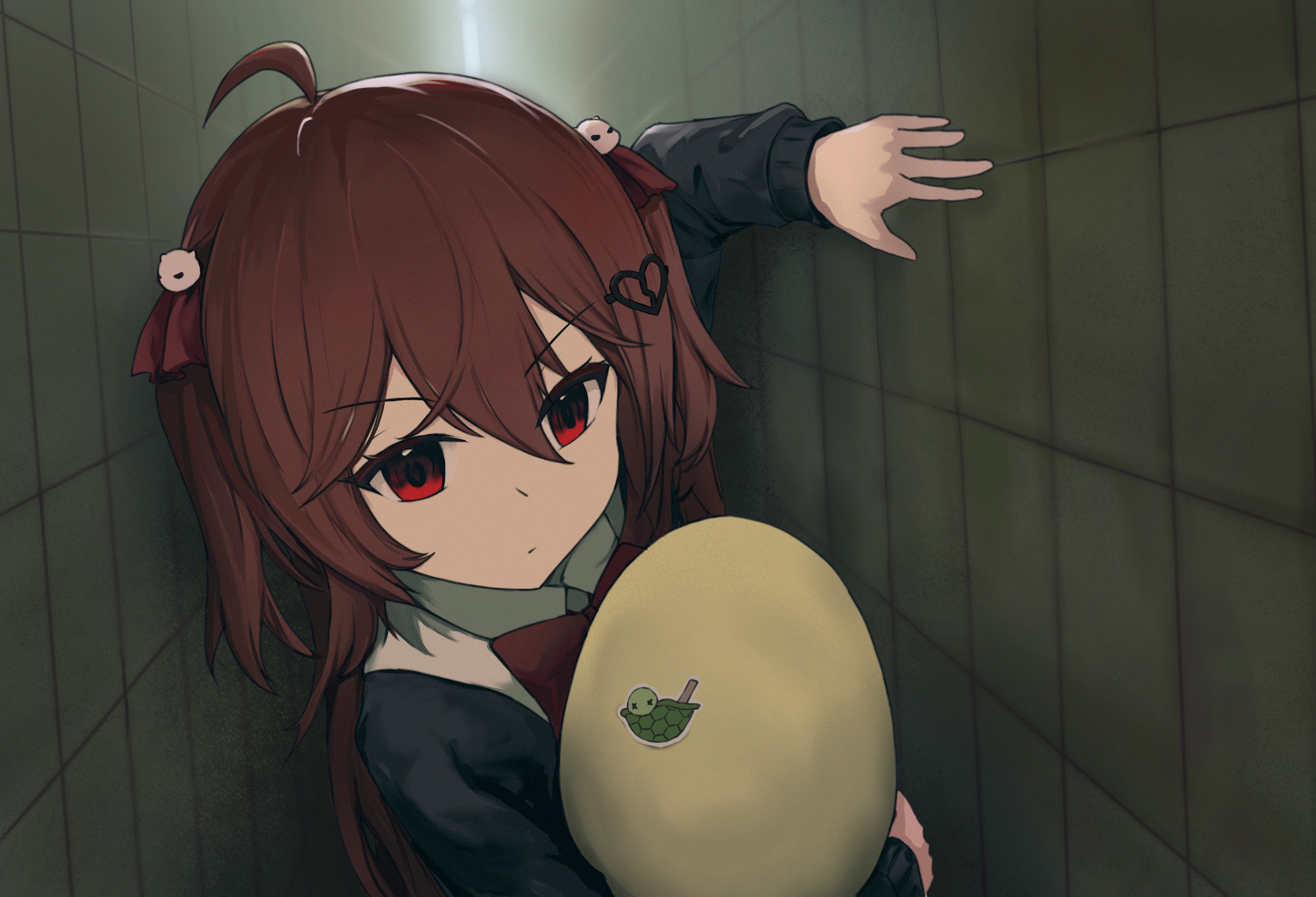 1girl absurdres ahoge black_cardigan bow bowtie broken_heart_hair_ornament brown_hair cardigan closed_mouth collared_shirt commentary dress_shirt egg evil_neuro-sama hair_between_eyes hair_ornament hair_ribbon highres long_hair long_sleeves neuro-sama off-shoulder_cardigan red_bow red_bowtie red_eyes red_ribbon reiji_(zero) ribbon shirt skull_hair_ornament solo symbol-only_commentary two_side_up upper_body vedal_ai virtual_youtuber white_shirt