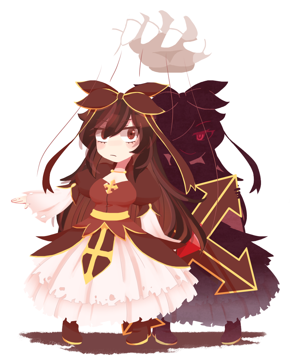 1girl blckbrd17 boots bow breasts brown_boots brown_bow brown_dress brown_eyes brown_hair brown_shirt celine_kimi closed_mouth commentary cross dress english_commentary frown full_body hair_bow highres long_hair looking_at_viewer marionette medium_breasts puppet ragnarok_online red_eyes shadow shirt simple_background skirt solo transparent_background very_long_hair white_skirt