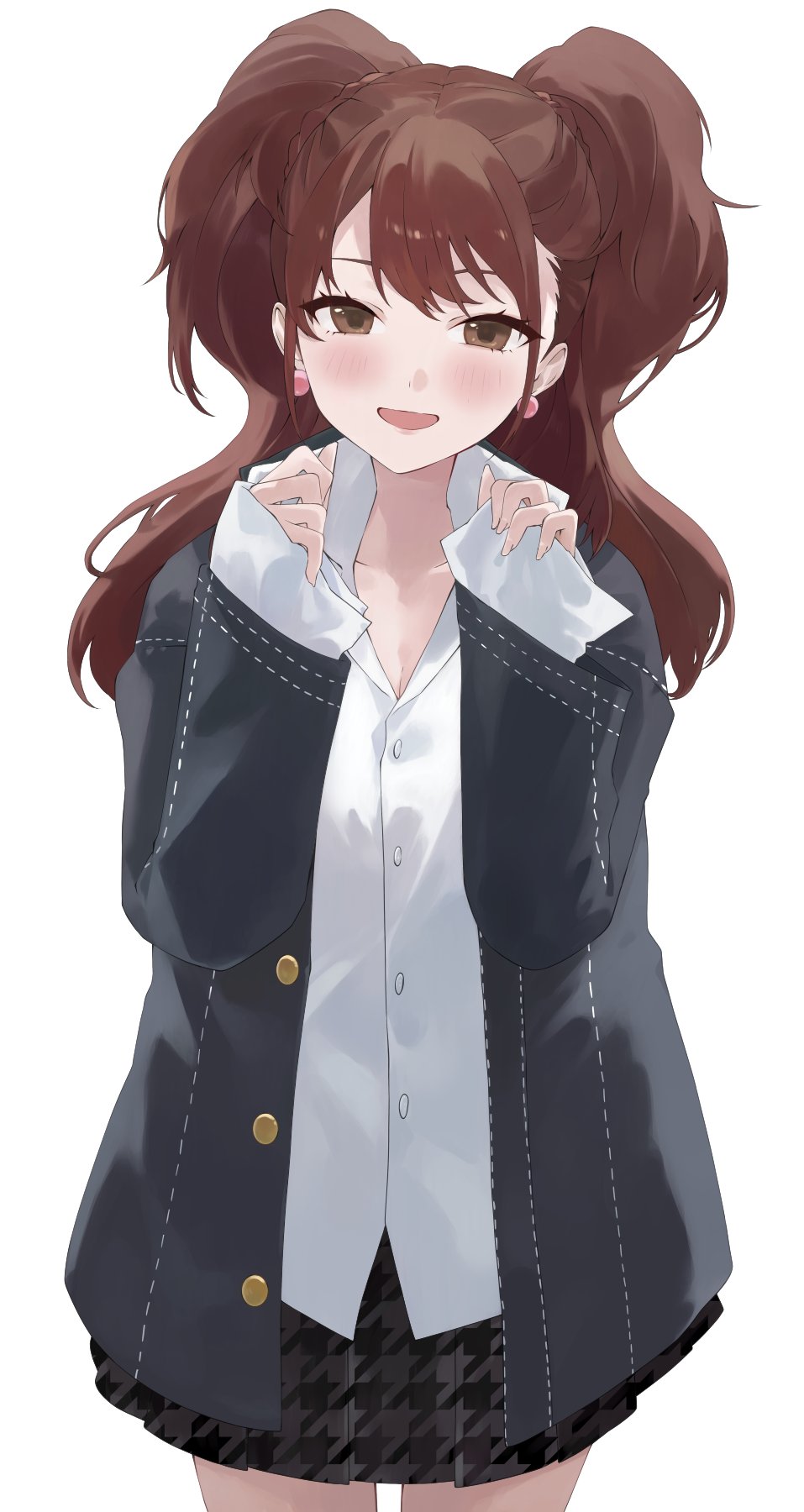 1girl black_skirt blush breasts brown_eyes brown_hair buttons cleavage commentary_request eyelashes highres konchi_(63438789) kujikawa_rise long_hair open_mouth persona persona_4 pleated_skirt shirt simple_background skirt sleeves_past_wrists smile solo standing twintails white_background white_shirt