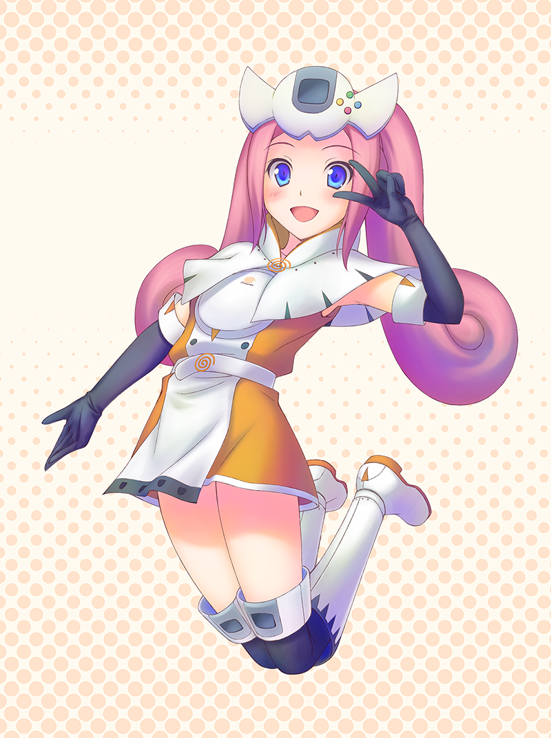 1girl :d black_gloves blue_eyes blush boots dress elbow_gloves gloves gt_(acidhead_gt) jumping kneehighs looking_at_viewer open_mouth orange_background orange_dress pink_hair sega_dreamcast_(sega_hard_girls) sega_hard_girls smile socks solo twintails v v_over_eye