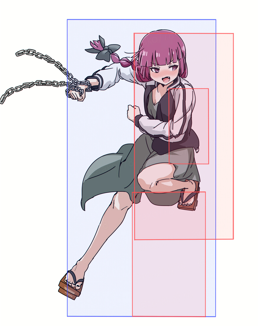1girl :d aino_heart arcana_heart black_jacket black_nails blazblue blazblue:_cross_tag_battle blunt_bangs bocchi_the_rock! bow breasts chain cleavage clenched_hands dress fang fighting_game fingernails full_body geta green_bow green_dress hair_bow hiroi_kikuri hitbox holding holding_chain jacket leg_up long_hair low-braided_long_hair low-tied_long_hair medium_dress multicolored_jacket nail_polish open_clothes open_jacket open_mouth pink_eyes pink_hair sideways_glance simple_background smile solo toenail_polish toenails torako_(toramaru) twitter_username two-tone_jacket v-shaped_eyebrows watermark white_background white_jacket