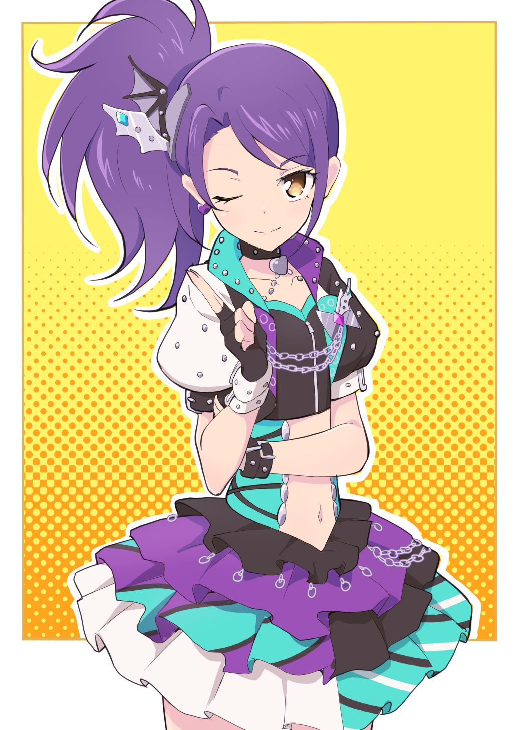 1girl ;) black_gloves cbgb closed_mouth clothing_cutout commentary cowboy_shot cropped_jacket cropped_shirt fingerless_gloves gloves hand_up highres idol_clothes layered_skirt long_hair looking_at_viewer navel navel_cutout one_eye_closed pretty_series pripara purple_hair purple_skirt salute side_ponytail skirt smile solo standing symbol-only_commentary toudou_shion two-finger_salute yellow_eyes