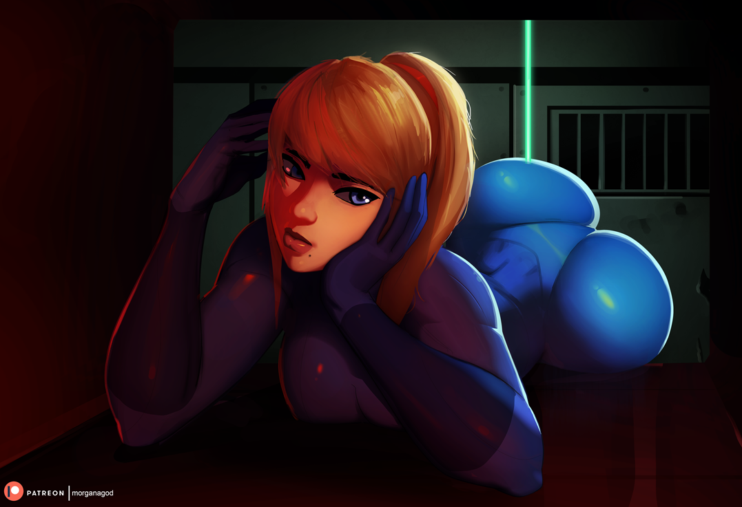1girl ass blonde_hair blue_bodysuit blue_eyes bodysuit breasts commentary english_commentary female_focus head_rest huge_ass laser lips long_hair lying medium_breasts metroid mole mole_under_mouth morganagod nintendo nose on_stomach patreon_username ponytail samus_aran skin_tight solo swept_bangs thick_eyebrows ventilation_shaft zero_suit