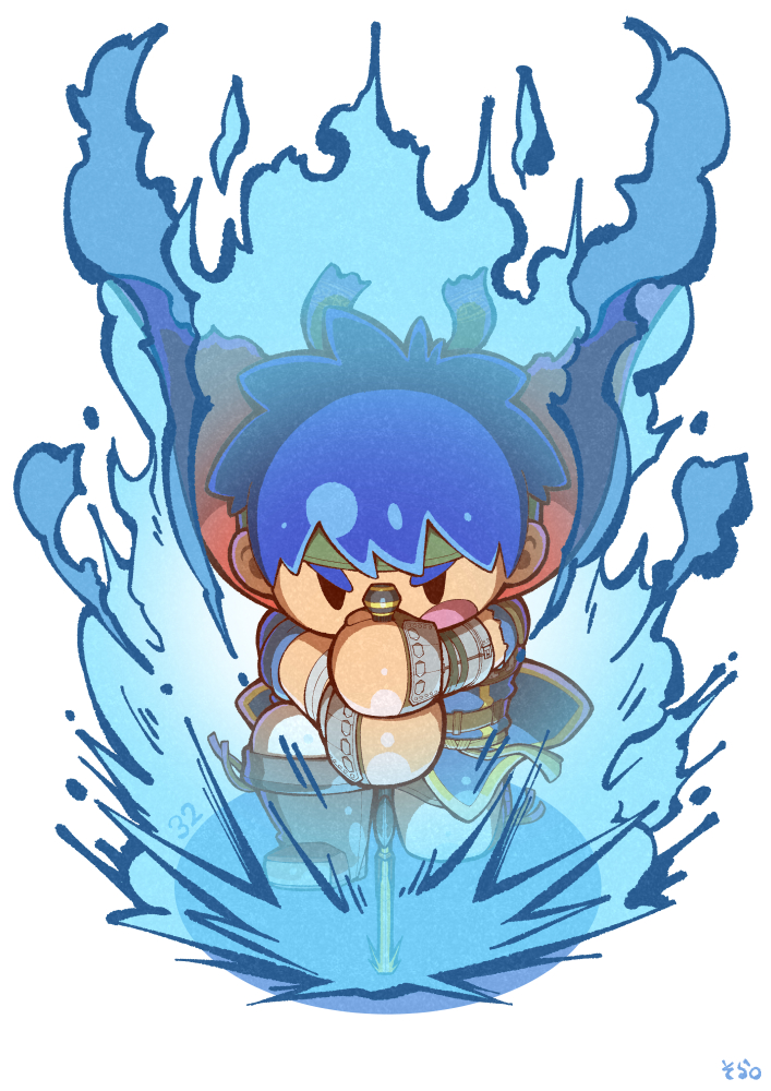 04sora40 1boy blue_hair cape chibi fire_emblem fire_emblem:_path_of_radiance headband ike_(fire_emblem) male_focus nintendo open_mouth planted planted_sword planted_weapon red_cape short_hair solo super_smash_bros. sword weapon