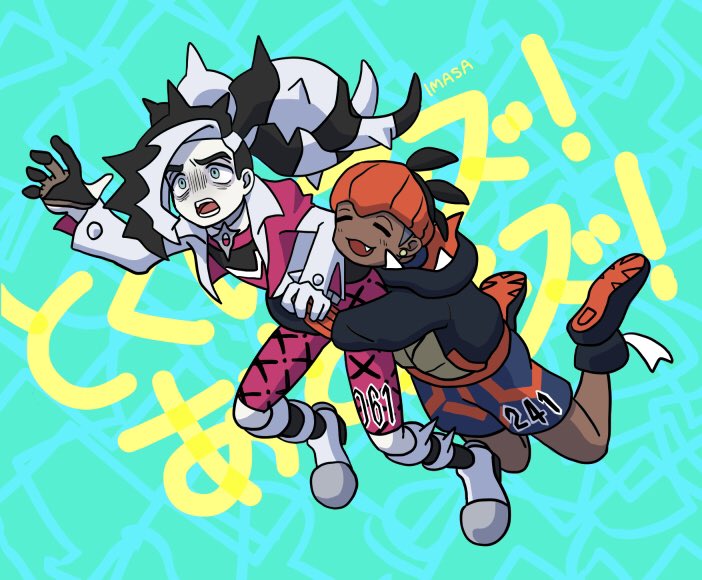 2boys artist_name bike_shorts black_footwear black_hair black_hoodie boots commentary_request cropped_jacket dark-skinned_male dark_skin earrings gloves headband hood hoodie hug im_i_masa jacket jewelry long_hair male_focus multicolored_hair multiple_boys nintendo open_mouth orange_headband pale_skin piers_(pokemon) pokemon pokemon_swsh raihan_(pokemon) shirt shoes short_hair teeth tongue two-tone_hair undercut white_hair white_jacket