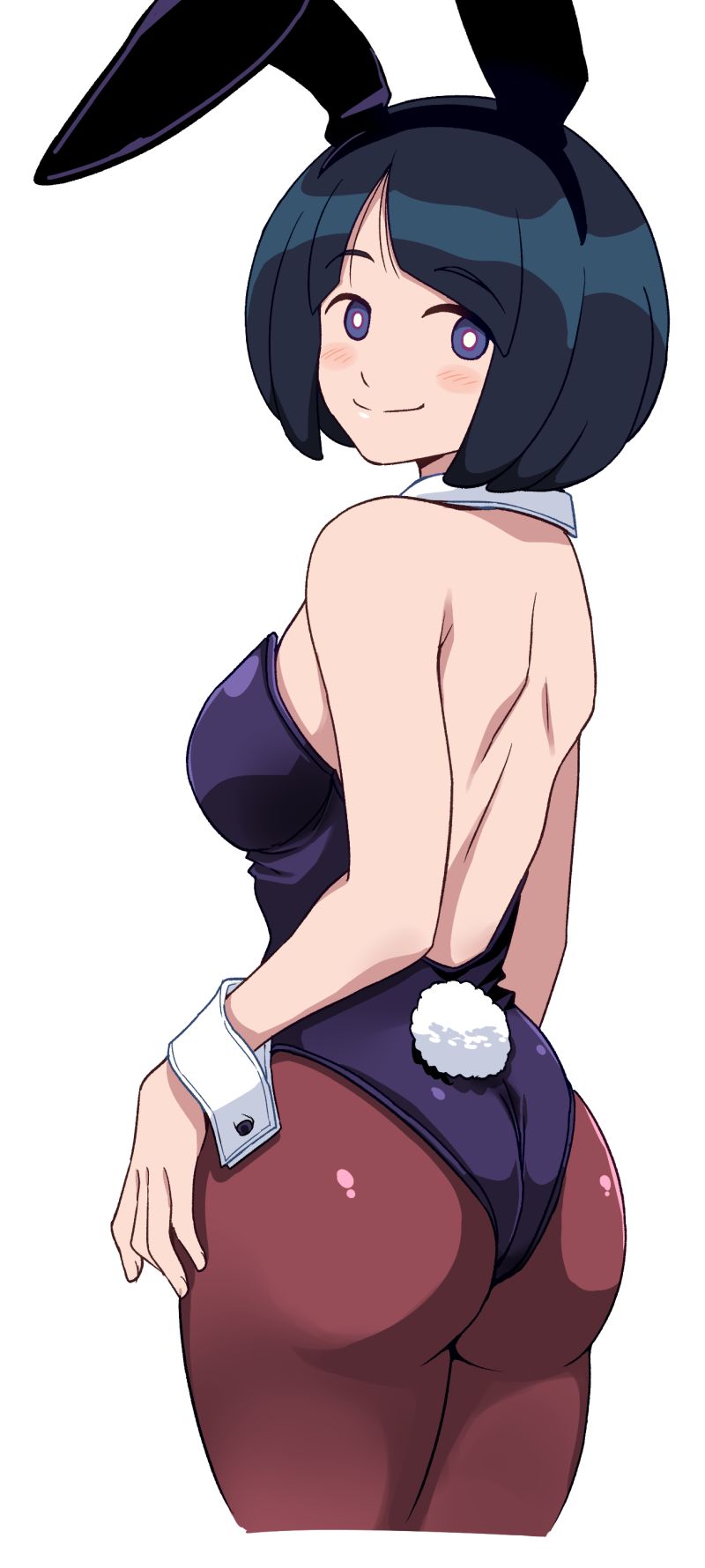 1girl animal_ear_hairband animal_ears ass black_hair black_leotard blue_eyes bob_cut breasts bright_pupils brown_pantyhose cleavage detached_collar fake_animal_ears from_behind gundam gundam_gquuuuuux hairband highres leotard looking_at_viewer looking_back medium_breasts pantyhose playboy_bunny ponzu_rui rabbit_ears rabbit_tail shiiko_sugai short_hair simple_background smile solo standing strapless strapless_leotard tail white_background white_pupils wrist_cuffs