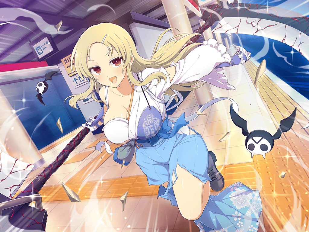 1girl armor bat_(animal) belt_pouch blonde_hair blue_hakama blush boots breasts cleavage collarbone floral_print frilled_kimono frills gessen_academy_school_uniform gloves hair_ornament hairclip hakama holding holding_scythe indoors japanese_armor japanese_clothes kimono kote large_breasts light_particles long_hair looking_at_viewer mole mole_under_mouth motion_lines muneate official_alternate_costume official_art pillar pouch red_eyes school_emblem scythe senran_kagura senran_kagura_new_link senran_kagura_shinovi_versus shiki_(senran_kagura) sign skull smile solo sparkle subway subway_station tongue torn_clothes torn_hakama torn_kimono white_kimono yaegashi_nan