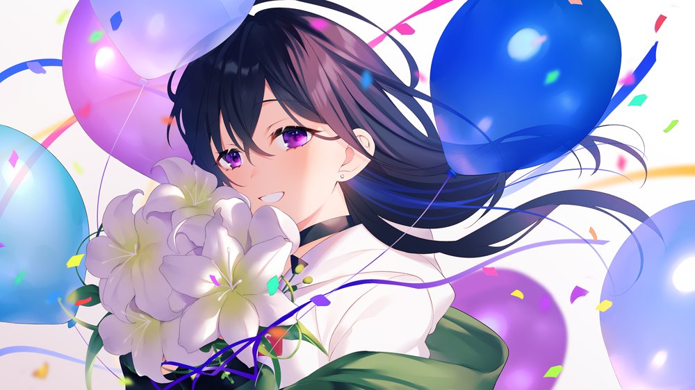 1girl achiki balloon black_choker black_hair bouquet choker confetti earrings flower grin hair_between_eyes holding holding_bouquet ichinose_uruha jewelry long_hair purple_eyes shirt smile solo streamers stud_earrings upper_body virtual_youtuber vspo! white_flower white_shirt
