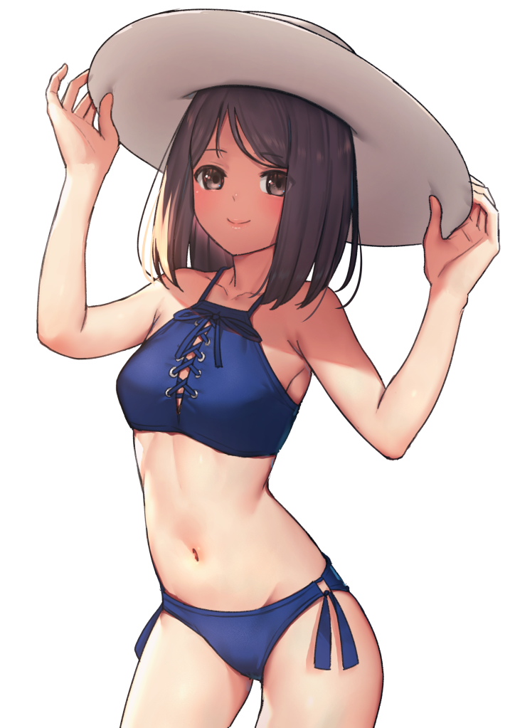 1girl 22/7 adjusting_clothes adjusting_headwear bikini blue_bikini brown_eyes brown_hair closed_mouth cowboy_shot hat hiiragi_tsubomi lace-up looking_at_viewer medium_hair nagareboshi navel side-tie_bikini_bottom simple_background smile solo standing sun_hat swept_bangs swimsuit white_background white_hat