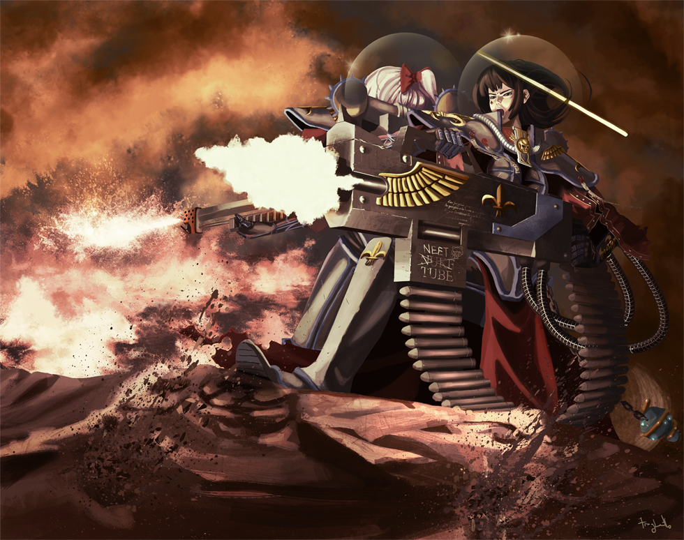 2girls adepta_sororitas ammunition_belt ammunition_chute armor bad_id bad_pixiv_id black_hair blood bolter crossover female_focus flamer fleur-de-lis fujiwara_no_mokou gun hair_ribbon halo heavy_bolter heavy_machine_gun houraisan_kaguya long_hair machine_gun multiple_girls open_mouth power_armor ribbon sisters_of_battle skull touhou traghetto warhammer_40k weapon white_hair