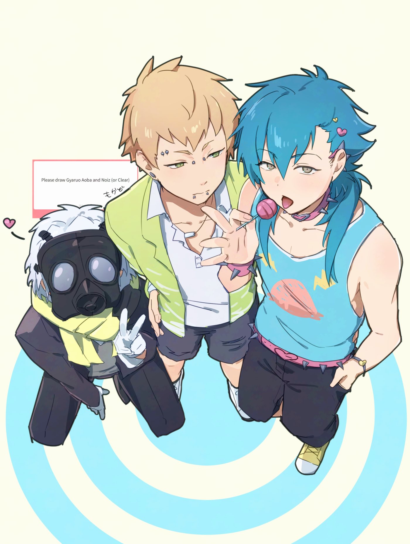 3boys arm_up bare_shoulders belt black_jacket black_pants black_shorts blonde_hair blue_hair blue_tank_top bridge_piercing candy clear_(dramatical_murder) collarbone collared_shirt dramatical_murder eyebrow_piercing food gas_mask gloves green_shirt gyaruo hand_in_pocket heart highres holding holding_candy holding_food holding_lollipop jacket kneeling labret_piercing layered_clothes lollipop long_hair long_sleeves looking_at_another male_focus mask mokado375 multiple_boys noiz_(dramatical_murder) open_clothes open_mouth open_shirt pants piercing red_belt request_inset scarf seragaki_aoba shirt shoes short_hair shorts sneakers standing tank_top v white_gloves white_hair white_shirt wing_collar yellow_eyes yellow_scarf yellow_shoes