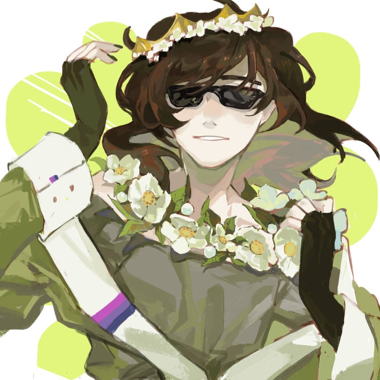 1other androgynous bisexual_flag brown_hair chinese_commentary commentary_request crown eret_(youtuber) flower gloves head_wreath lgbt_pride mc_championship medium_hair minecraft_youtube other_focus smile solo sunglasses tttttaniaaaaa upper_body white_flower