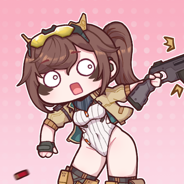 1girl breasts brown_hair bulga chibi earpiece eyewear_on_head facial_mark fingerless_gloves gloves gradient_background gun jacket kheshig_(last_origin) large_breasts last_origin leotard long_hair motion_blur open_clothes open_jacket ponytail shotgun shotgun_shell simple_background surprised thighhighs weapon