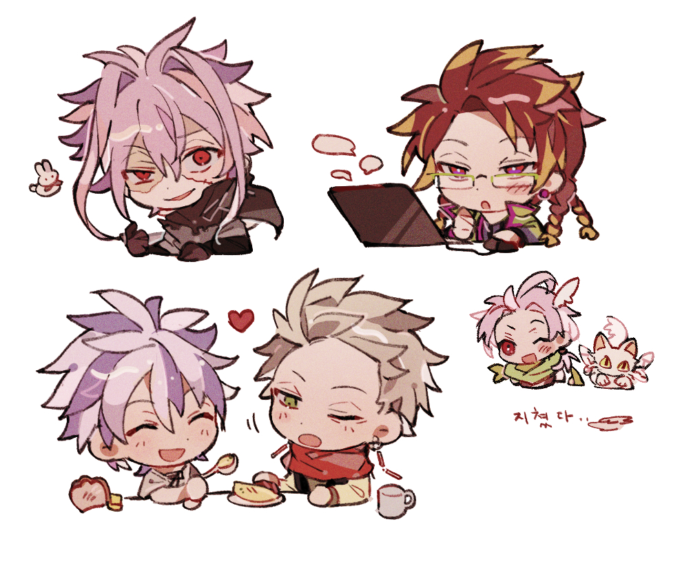 5boys ;d ahoge blonde_hair bright_pupils brown_gloves brown_shirt chibi closed_eyes commentary_request dita_iliner earrings film_grain glasses gloves godzylla_(saibou_shinkyoku) green_eyes green_scarf grey_shirt heart jap_soko jewelry korean_commentary korean_text long_sleeves multicolored_hair multiple_boys nijou_ryuu one_eye_closed open_mouth orie_rin patchwork_skin pink_hair purple_hair quad_braids rabbit rags rectangular_eyewear red_eyes red_hair red_scarf rumeld_othmayer saibou_shinkyoku scarf shirt short_hair short_sleeves simple_background smile stud_earrings theodore_riddle translation_request uneven_eyes white_background white_pupils yellow_shirt