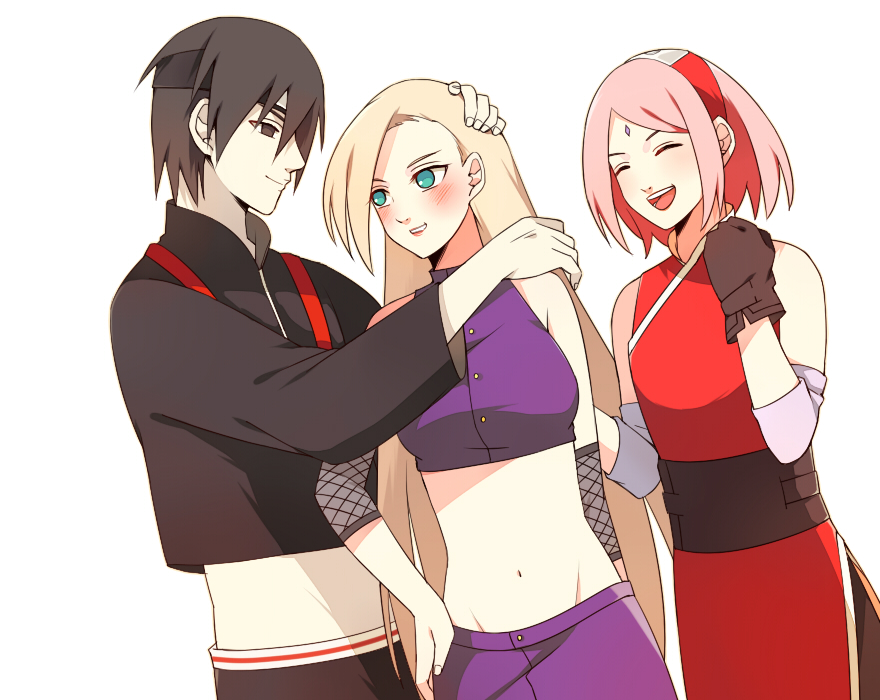1boy 2girls black_hair blonde_hair blush couple happy haruno_sakura hug midriff multiple_girls naruto:_the_last naruto_(series) pink_hair rabi3 sai smile yamanaka_ino