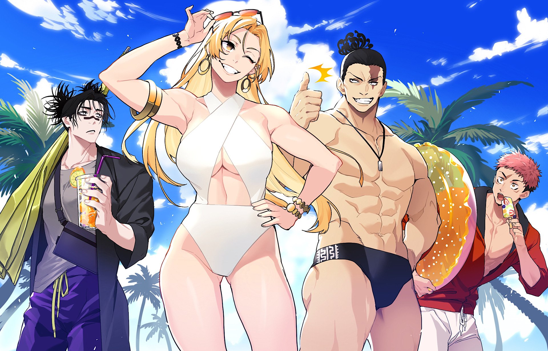 1girl 3boys armlet bikini black_eyes black_hair black_jacket black_male_swimwear black_swim_briefs blonde_hair bracelet breasts choso_(jujutsu_kaisen) cleavage collarbone cup day drawstring earrings eyewear_on_head facial_tattoo food grey_shirt grin hand_on_own_hip highres holding holding_cup itadori_yuuji jacket jewelry jip jujutsu_kaisen large_breasts long_hair male_swimwear multiple_boys muscular muscular_male necklace one_eye_closed open_mouth orange-tinted_eyewear outdoors palm_tree parasol pink_hair ponytail popsicle purple_male_swimwear purple_shorts purple_swim_trunks red_jacket scar scar_on_face shirt short_hair short_ponytail short_sleeves shorts smile swim_briefs swim_trunks swimsuit tattoo teeth thumbs_up tinted_eyewear topless_male toudou_aoi_(jujutsu_kaisen) tree tsukumo_yuki_(jujutsu_kaisen) umbrella undercut white_bikini white_male_swimwear white_shorts white_swim_trunks yellow_eyes